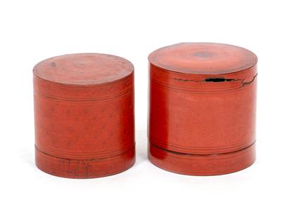 Lot 426 - TWO LATE 19TH / EARLY 20TH CENTURY POSSIBLY SRI LANKAN RED LACQUERED CYLINDRICAL BOXES