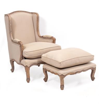 Lot 429 - A FRENCH STYLE UPHOLSTERED ARMCHAIR AND MATCHING STOOL