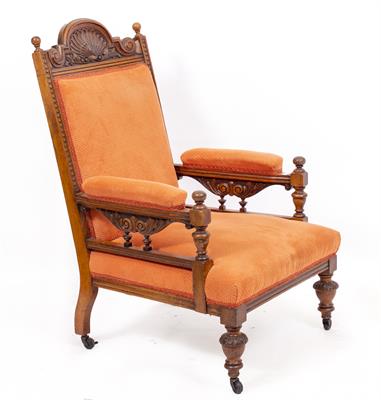 Lot 431 - A LATE VICTORIAN OAK FRAMED UPHOLSTERED ARMCHAIR