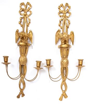 Lot 437 - A PAIR OF GILTWOOD TWIN BRANCH WALL LIGHTS