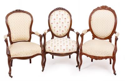 Lot 454 - THREE EARLY TO MID 20TH CENTURY FRENCH WALNUT FRAMED OPEN ARMCHAIRS