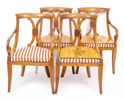 Lot 455 - A SET OF FOUR EMPIRE STYLE WALNUT FRAMED CHAIRS