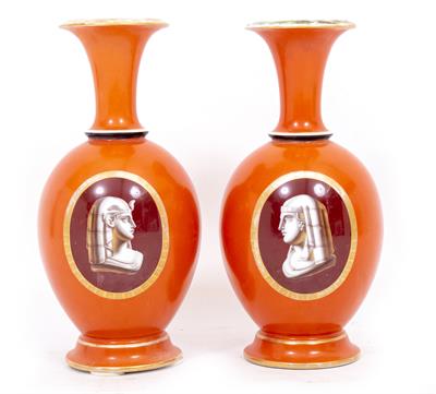 Lot 457 - A PAIR OF LATE 19TH / EARLY 20TH CENTURY NEO CLASSICAL ORANGE GROUND PORCELAIN VASES
