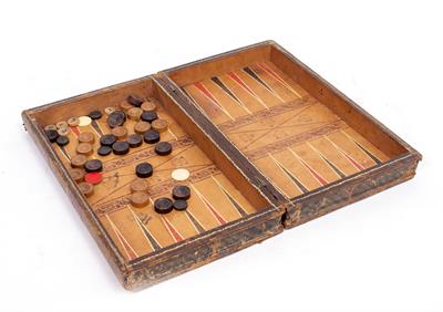 Lot 503 - AN ANTIQUE LEATHER BOUND CHESS AND BACKGAMMON BOARD