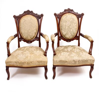 Lot 530 - A PAIR OF VICTORIAN WALNUT OPEN ARMCHAIRS
