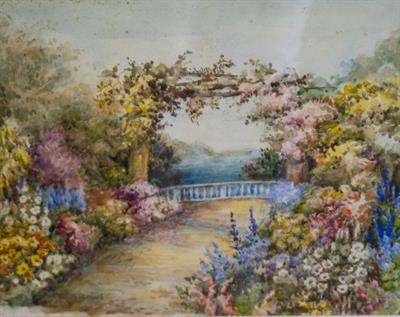 Lot 531 - A DECORATIVE WATERCOLOUR OF GARDEN