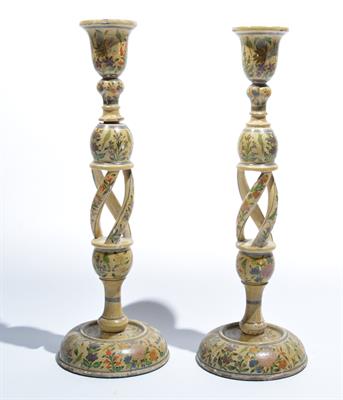 Lot 7 - Pair of Kashmiri papier-mâché candlesticks