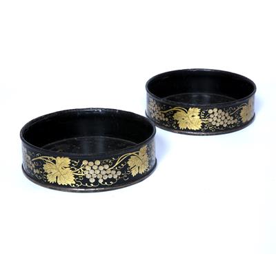 Lot 351 - Pair of black lacquered bottle coasters