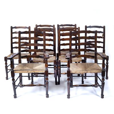 Lot 371 - Set of eight oak ladder back chairs