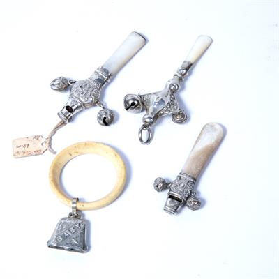 Lot 448 - Three antique silver babies rattles