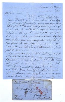 Lot 943 - A MANUSCRIPT LETTER on blue paper with envelope dated 22nd April 1857 by Henry Waddington in Chunar