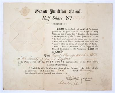 Lot 945 - AN 18TH CENTURY GRAND JUNCTION CANAL HALF SHARE CERTIFICATE NO. 3294 dated 9th February 1796.