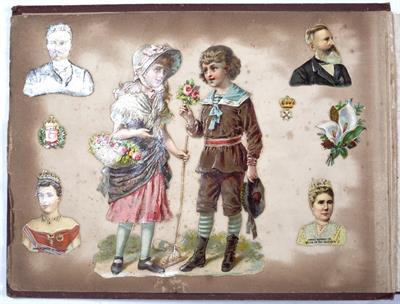 Lot 949 - A VICTORIAN SCRAP ALBUM containing a collection of cut and pasted coloured images