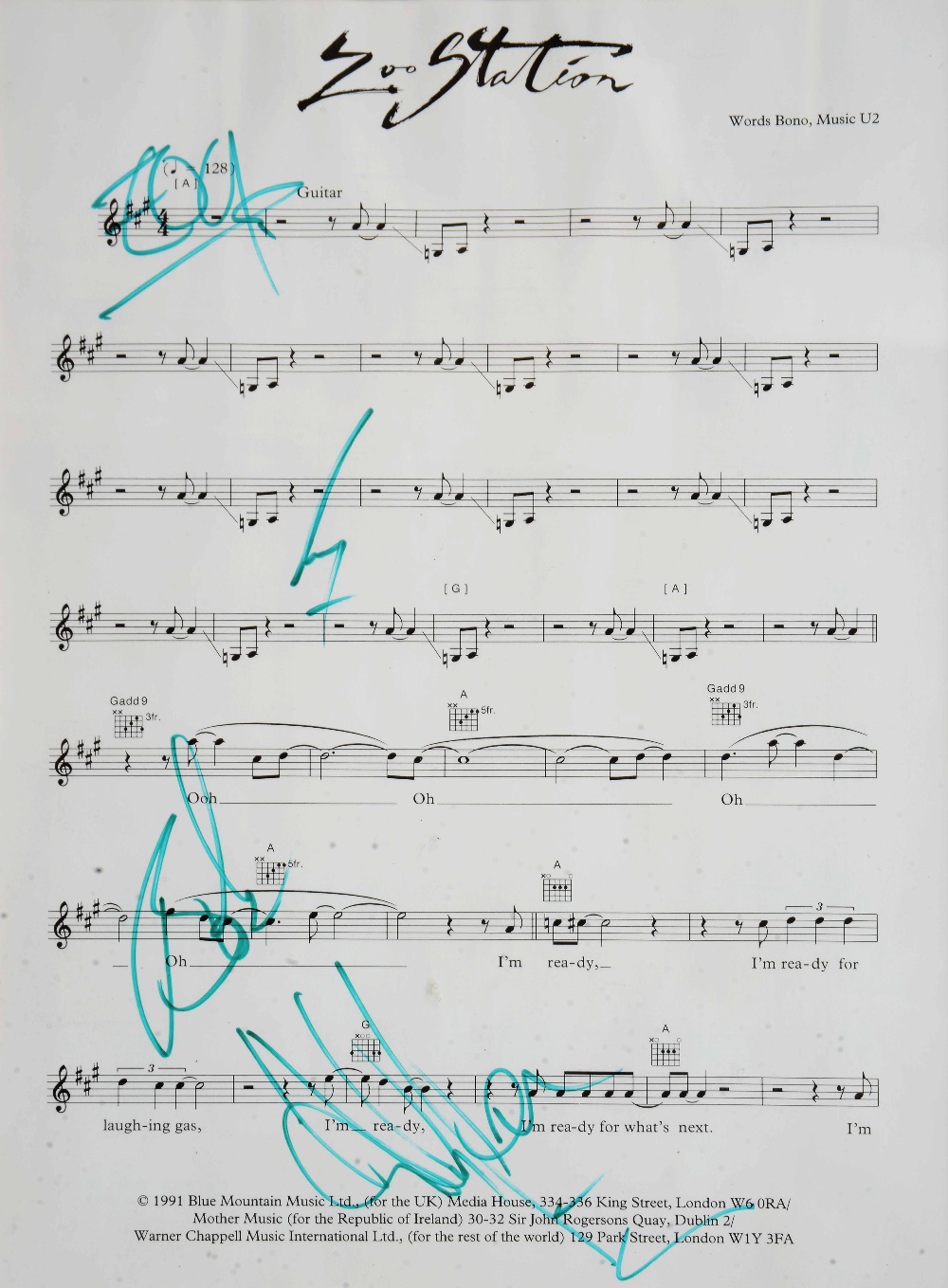 Lot 131 - A PRINTED MUSIC SCORE for 'Zoo Station'