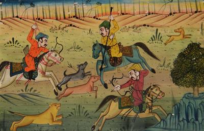 Lot 300 - AN INDIAN MINIATURE painted with a hunting on horseback scene