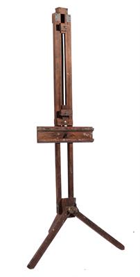 Lot 488 - AN OAK EASEL of typical form with folding legs adjusting by an iron wing nut