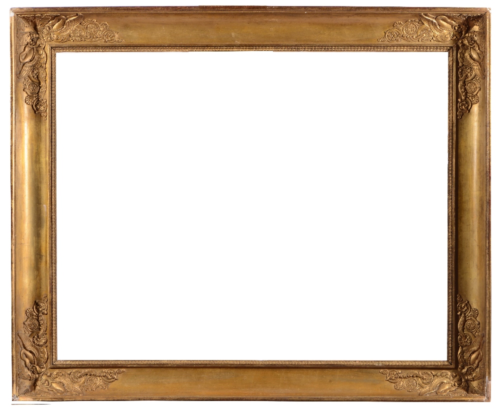 Lot 489 - A FRENCH EMPIRE GILT AND GESSO FRAME with lamb's tongue sight and plain hollow with swan and