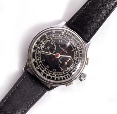 Lot 112 - A SWISS LANCET STEEL CASED THREE BUTTON CHRONOGRAPH WRIST WATCH