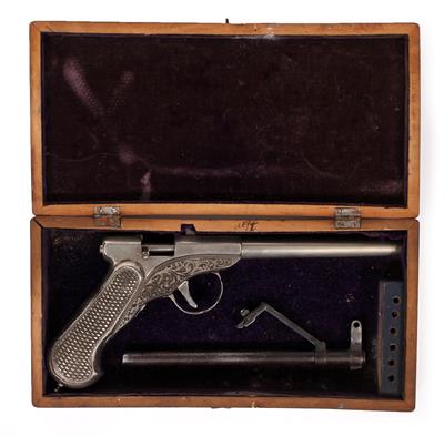 Lot 145 - A CONTINENTAL PATENTED NICKEL PLATED CAST IRON AIR PISTOL