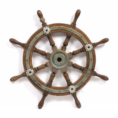 Lot 182 - A BRASS BOUND SHIP'S WHEEL