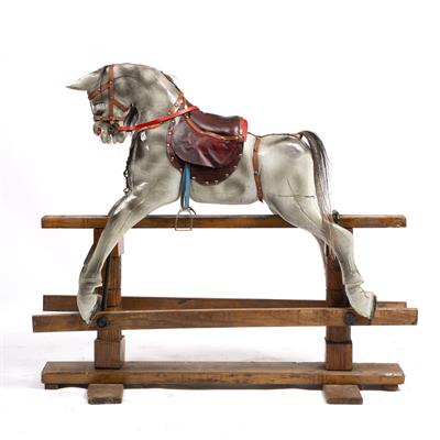 Lot 221 - AN EARLY TO MID 19TH CENTURY PAINTED WOODEN ROCKING HORSE