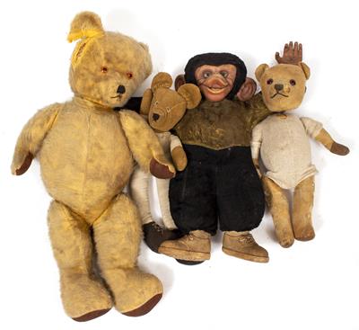 Lot 226 - THREE TEDDY BEARS AND A TOY MONKEY