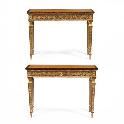 Lot 682 - A PAIR OF GEORGIAN STYLE GILT AND SATINWOOD SIDE TABLES