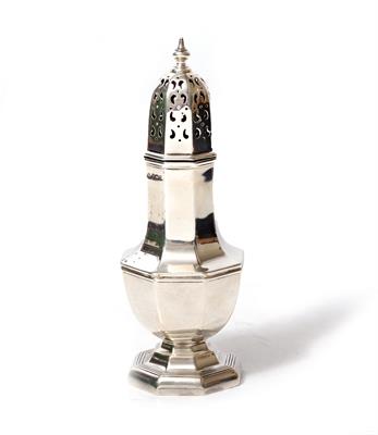 Lot 443 - A GEORGIAN STYLE SILVER SUGAR CASTER