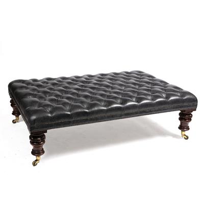 Lot 464 - A LARGE BLACK LEATHER BUTTON UPHOLSTERED COUNTRY HOUSE STOOL