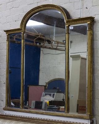 Lot 500 - A 19TH CENTURY GILT FRAMED TRIPLE GLASS OVERMANTLE MIRROR