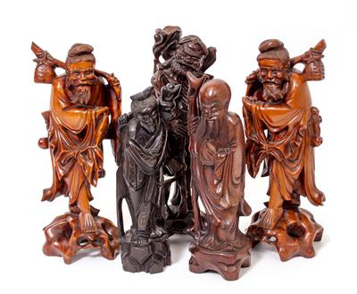 Lot 520 - A GROUP OF FIVE ORIENTAL CARVED HARDWOOD FIGURES