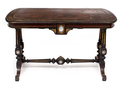 Lot 523 - AN EARLY VICTORIAN THUYA AND EBONISED WOOD WRITING TABLE