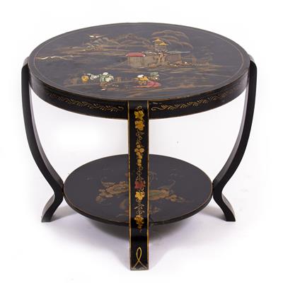 Lot 563 - A CIRCULAR BLACK LACQUERED TWO TIER TABLE