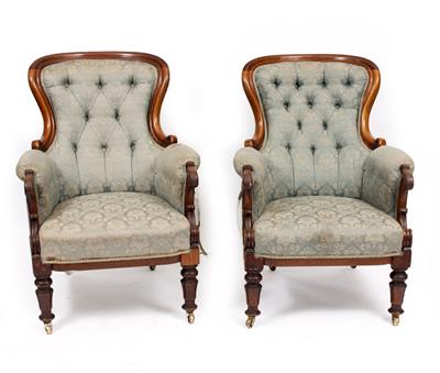 Lot 565 - A PAIR OF VICTORIAN WALNUT FRAMED ARMCHAIRS