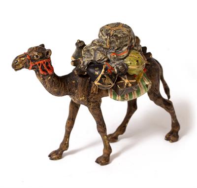 Lot 573 - A COLD PAINTED BRONZE OF A HEAVY LADEN CAMEL