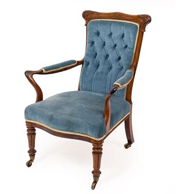 Lot 598 - A VICTORIAN ROSEWOOD BLUE DRAYLON UPHOLSTERED OPEN ARMCHAIR