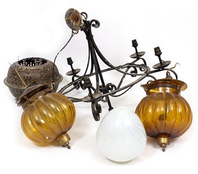 Lot 603 - A PAIR OF LOBED BROWN GLASS HANGING LIGHT SHADES