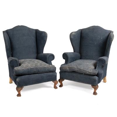 Lot 647 - A PAIR OF GEORGIAN STYLE BLUE UPHOLSTERED WING BACK ARMCHAIRS