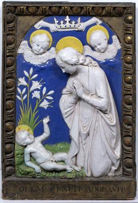 Lot 652 - A 19TH CENTURY TIN GLAZED TERRACOTTA DELLA ROBBIA STYLE RELIEF PLAQUE