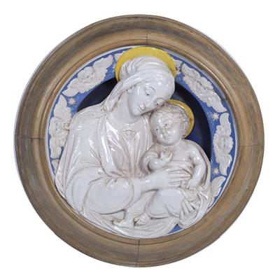 Lot 654 - A 19TH CENTURY TIN GLAZED DELLA ROBBIA STYLE CIRCULAR PLAQUE