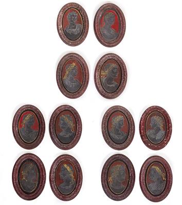 Lot 717 - A SET OF TWELVE SGRAFFITO AND PAINTED OVAL PICTURES OF ROMAN EMPERORS