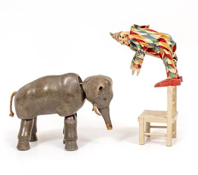 Lot 270 - A SCHOENHUT 'HUMPTY DUMPTY' ARTICULATED PAINTED WOODEN ELEPHANT