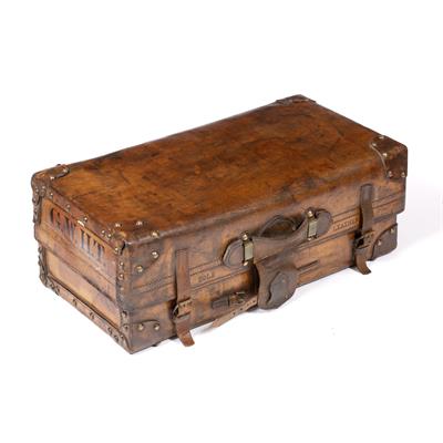 Lot 4 - A 19TH CENTURY SCOTTISH LEATHER TRAVELLING TRUNK with brass studded reinforced corners