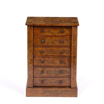 Lot 11 - A VICTORIAN FIGURED WALNUT AND ROSEWOOD BANDED COLLECTOR'S CABINET modelled as a Wellington chest