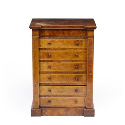 Lot 12 - A VICTORIAN BURR WALNUT AND BOX STRUNG INVERTED BREAK-FRONT COLLECTOR'S CABINET modelled as a