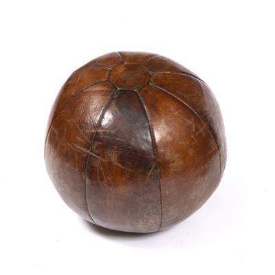 Lot 13 - A LEATHER LARGE MEDICINE BALL with stitched panelled sides and stamped top and bottom 'J. Salter &