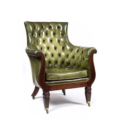 Lot 14 - A REGENCY MAHOGANY LIBRARY ARMCHAIR with buttoned green leather upholstery