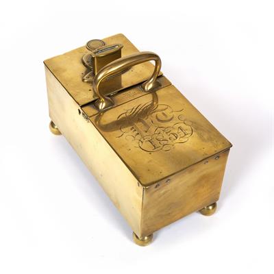 Lot 16 - A MID 19TH CENTURY BRASS RECTANGULAR RICH'S PATENT HONESTY TOBACCO DISPENSER with central carrying