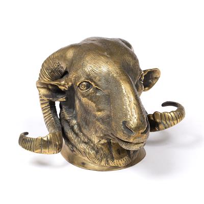 Lot 17 - A BRASS WALL MOUNTED RAM'S MASK with curly horns