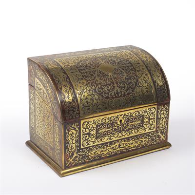 Lot 19 - A MID 19TH CENTURY BOULLE STATIONERY BOX with curved sloping hinged top enclosing fitted interior